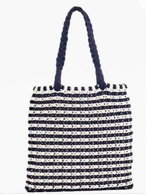 NEW! TALBOTS Knotted Cotton Cord Nautical Tote Beach Bag Purse Navy White.